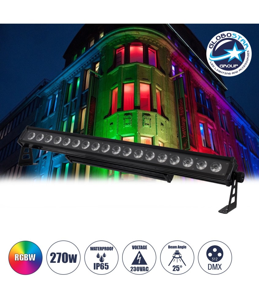 GloboStar® 51141 TRITON Επαγγελματική Μπάρα Φωτισμού Wall Washer LED 18*15W 4in1 270W 25° AC 220-240V Αδιάβροχο IP65 Πολύχρωμο RGBW DMX512 Display on Body - Μαύρο - L102 x W11 x H17cm